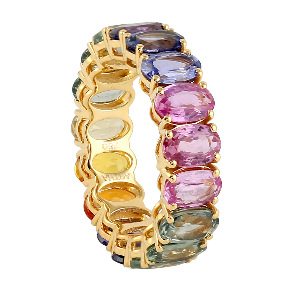 Oval Cut Multicolor Sapphire Band Ring 18k Yellow Gold Handmade Jewelry