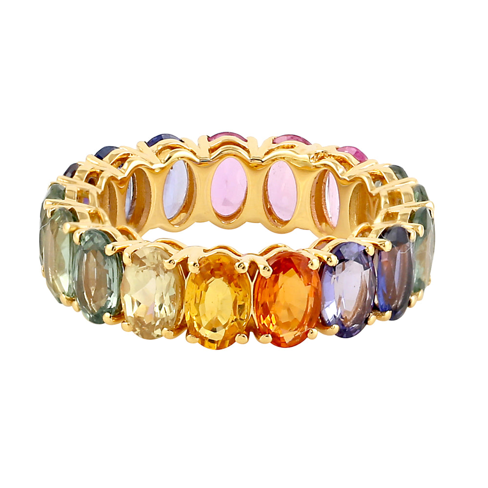 Oval Cut Multicolor Sapphire Band Ring 18k Yellow Gold Handmade Jewelry