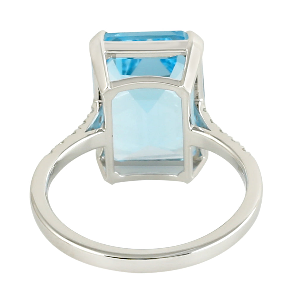 Emerald Cut Blue Topaz Pave Diamond In 18K White Gold Solitaire Ring