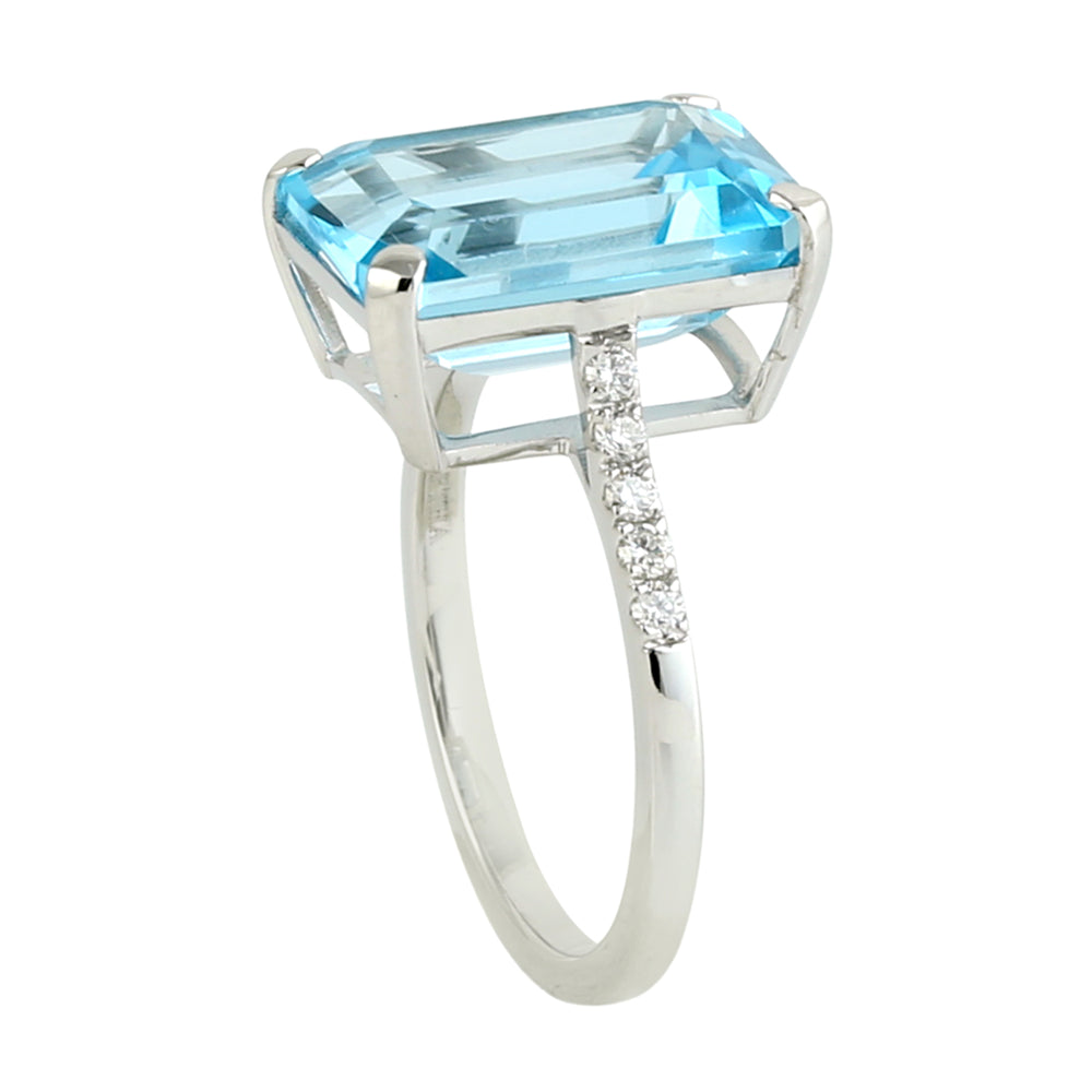 Emerald Cut Blue Topaz Pave Diamond In 18K White Gold Solitaire Ring