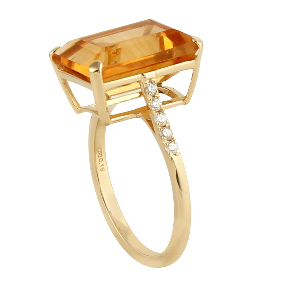 Emerald Cut Citrine Pave Diamond In 18K Yellow Gold Solitaire Ring
