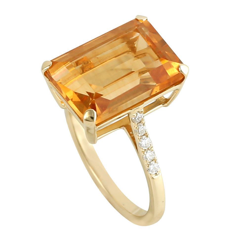Emerald Cut Citrine Pave Diamond In 18K Yellow Gold Solitaire Ring