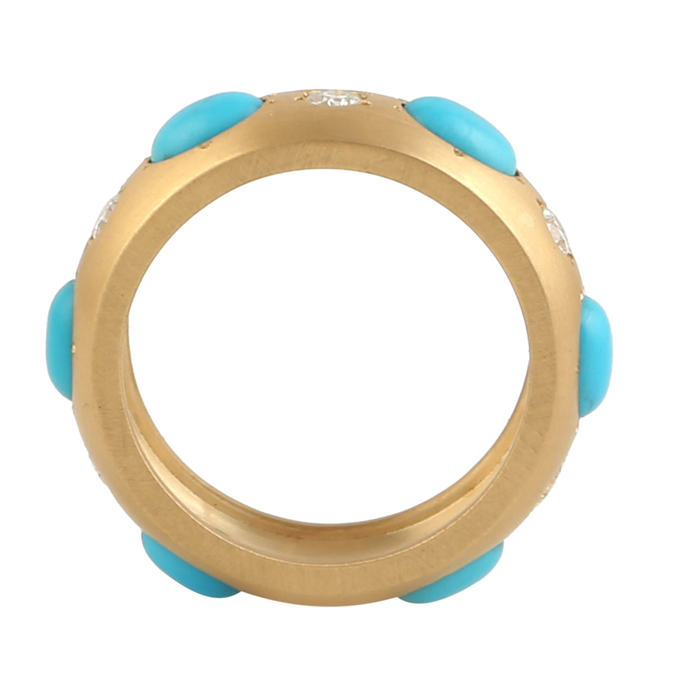 Turquoise Gemstone Bezel-Set Diamond Band Ring in 18k Yellow Gold – Luxury Fine Jewelry