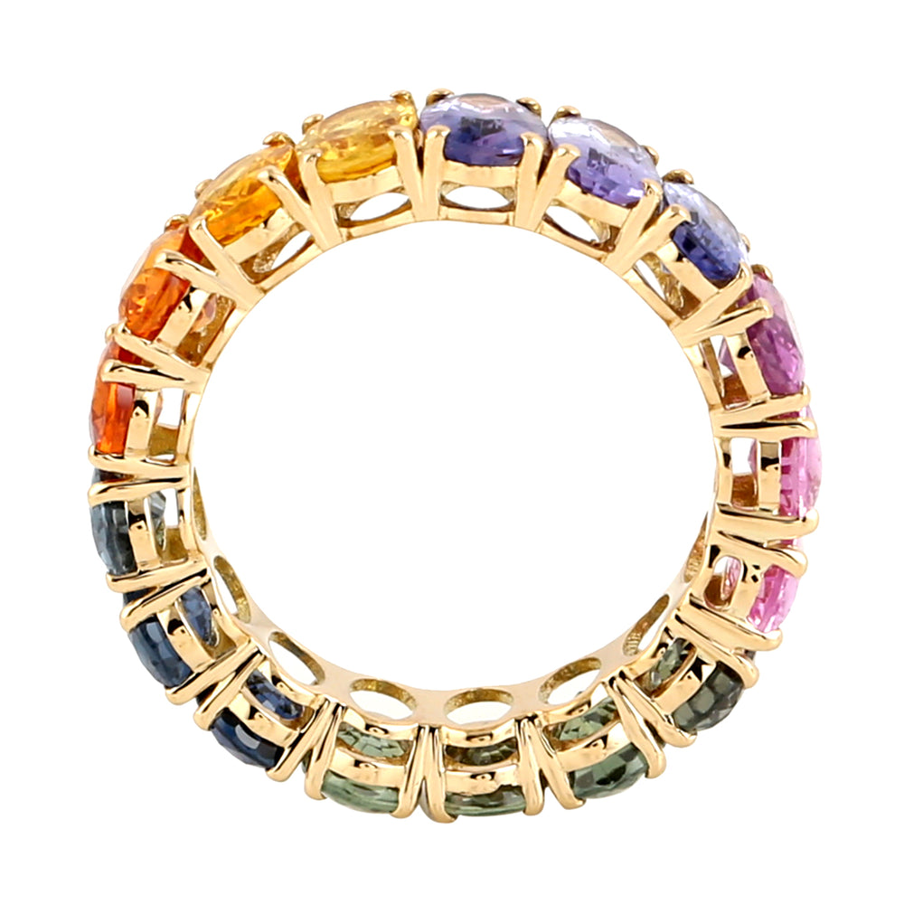 18k Yellow Gold Oval Multicolor Sapphire Gemstone Band Ring For Wedding Gift