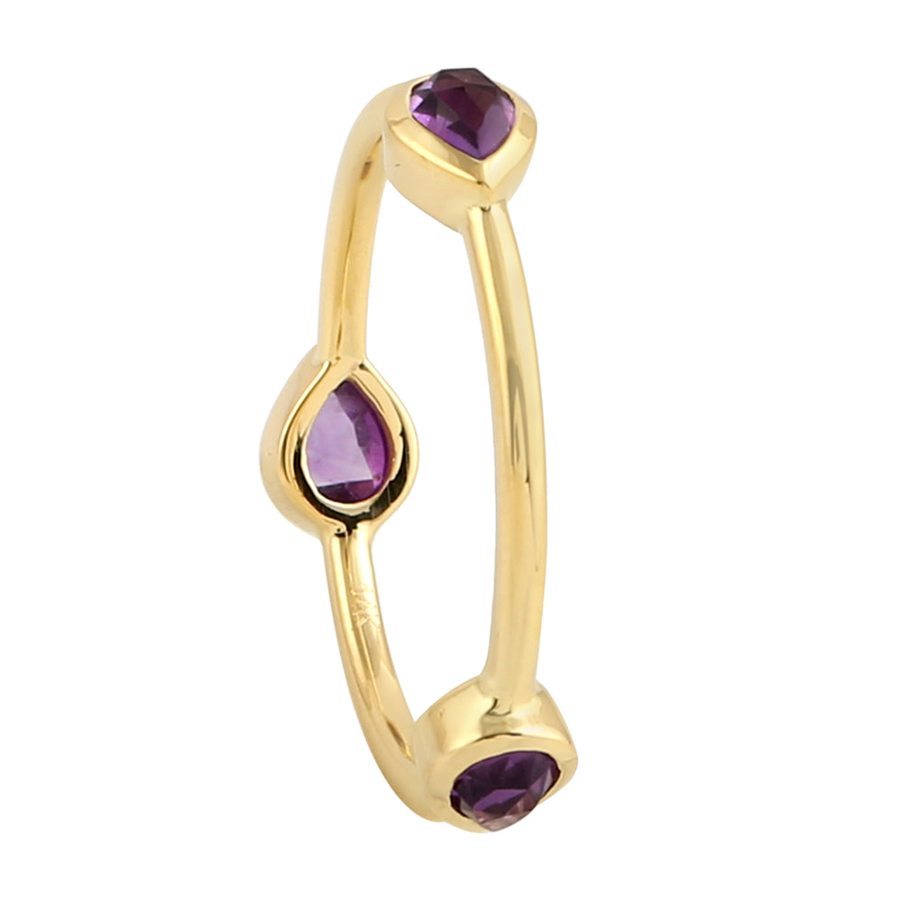 14K Yellow Gold Bezel Set  Amethyst Gemstone Three Stone Band Ring