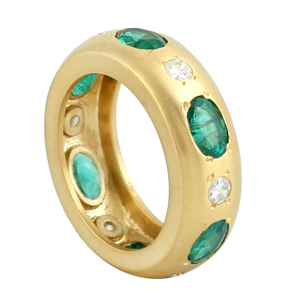 Gypsy Oval Cut Emerald Bezel Diamond Band Ring In Yellow Gold