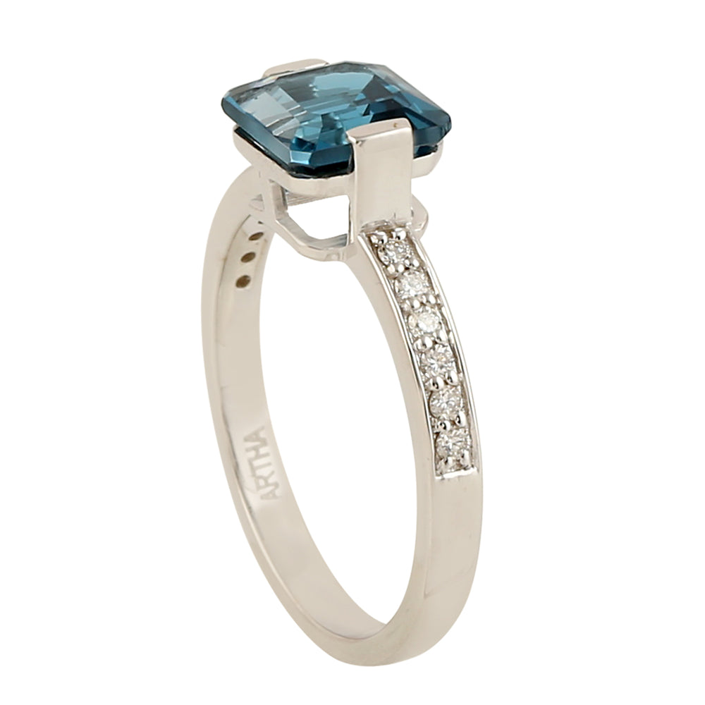 Square London Topaz Pave Diamond Solitaire Ring In 18k White Gold
