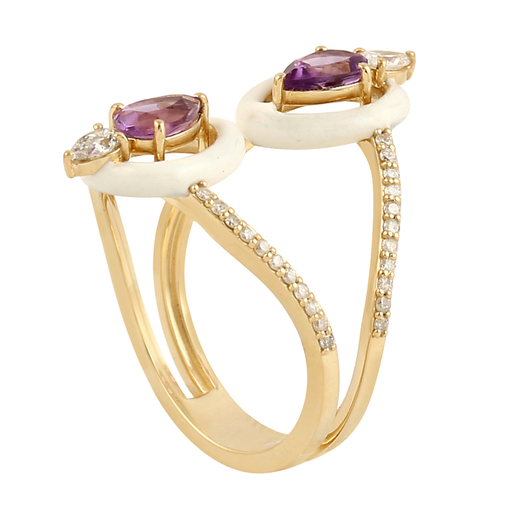 14k Yellow Gold Micro Pave Diamond Pear Cut Amethyst Enamel Designer Ring