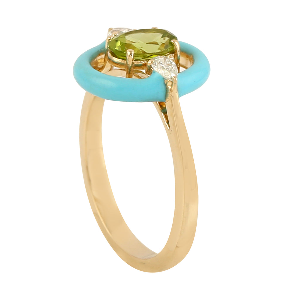 Oval Cut Peridot & Diamond Enamel Designer Ring In 14k Yellow Gold