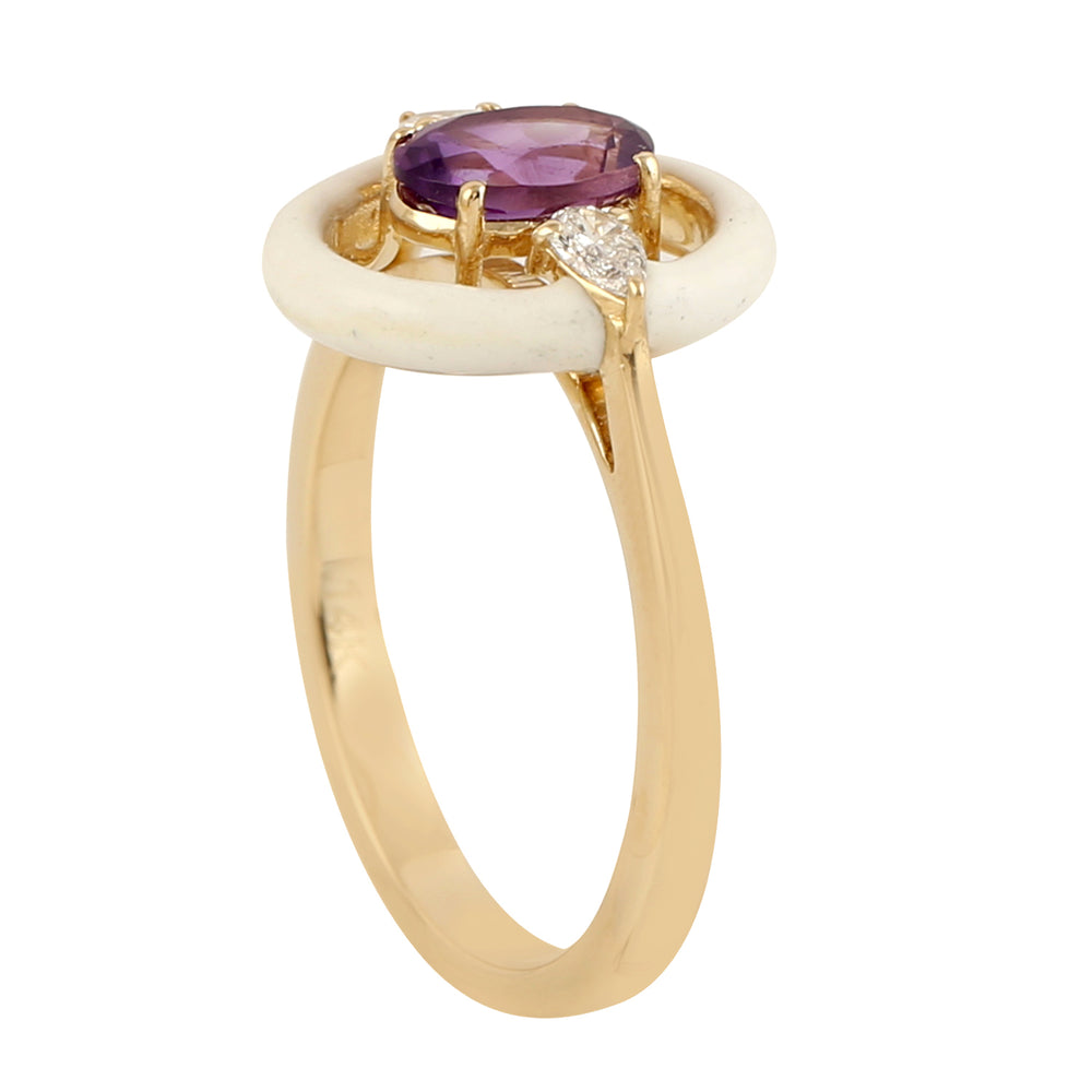 Prong Set Oval Cut Amethyst Rose Cut Diamond Enamel In 14k Yellow Gold