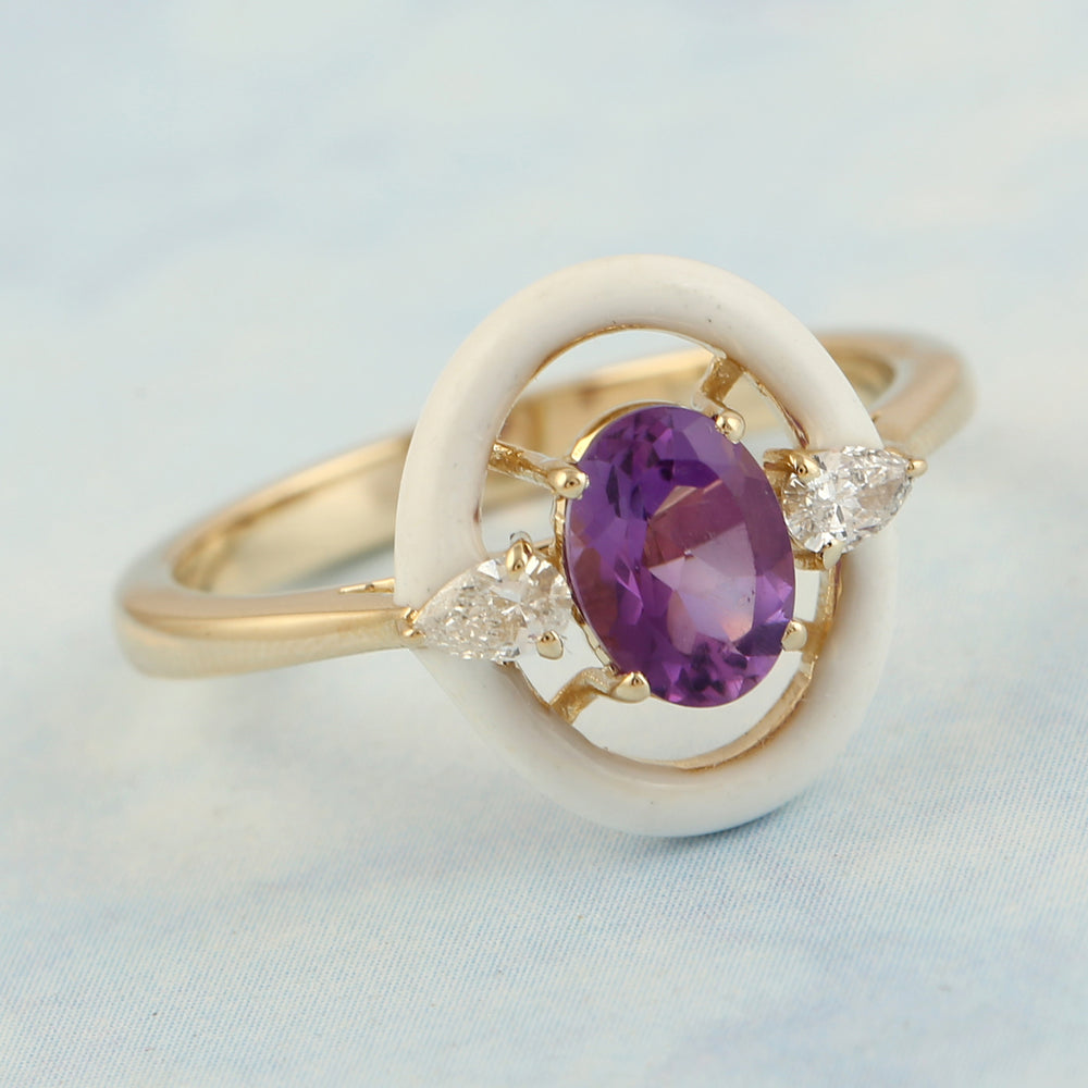 Prong Set Oval Cut Amethyst Rose Cut Diamond Enamel In 14k Yellow Gold