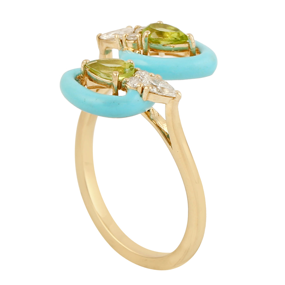 Pear Cut Peridot Pear Cut Diamond Enamel Bypass Ring In 14k Yellow Gold