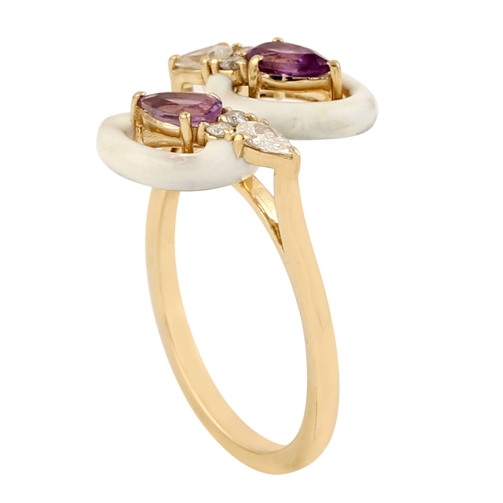 Pear Amethyst Gemstone Diamond Enamel Bypass Ring In 14k Yellow Gold