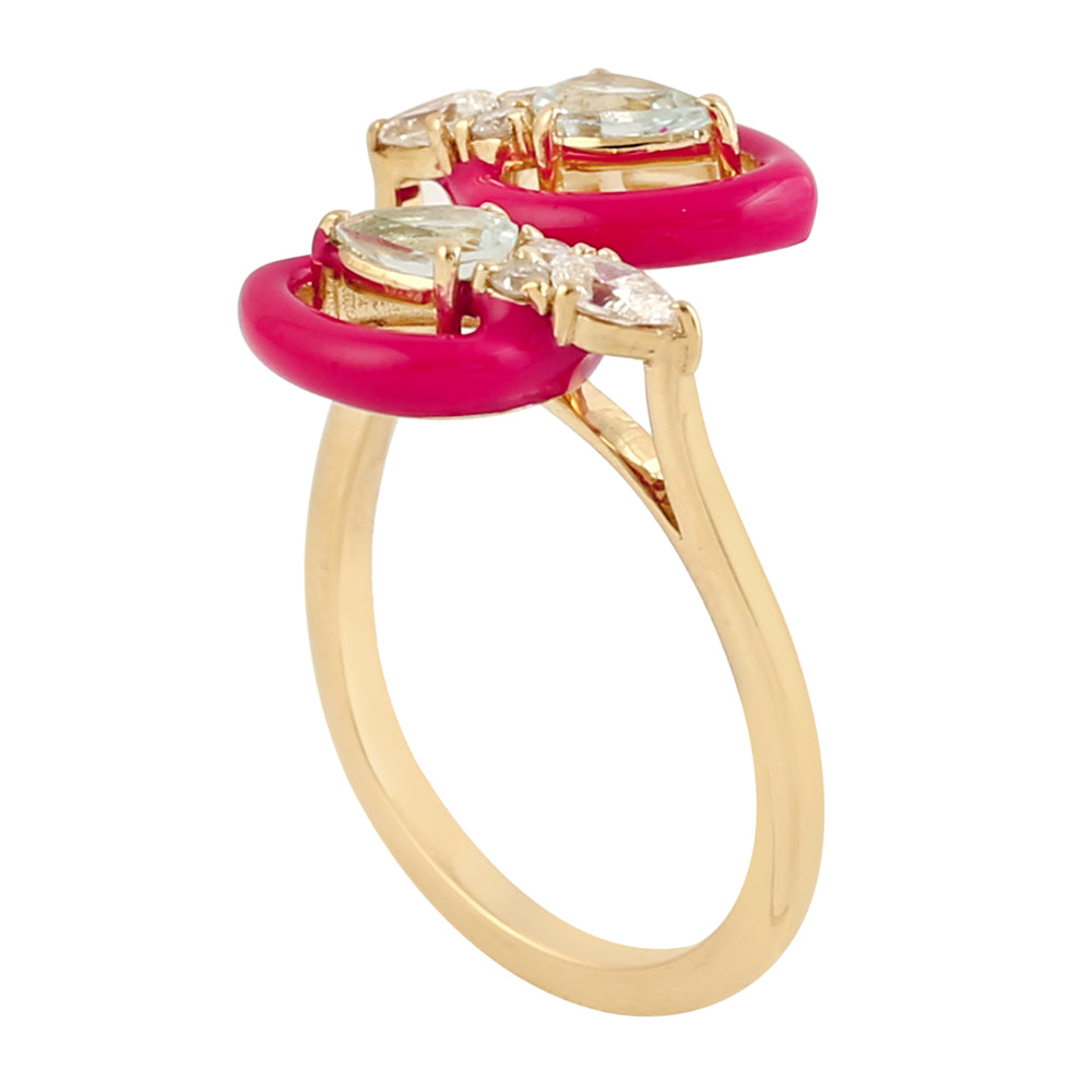 Aquamarine Gemstone Diamond Enamel Bypass Ring In 14k Yellow Gold