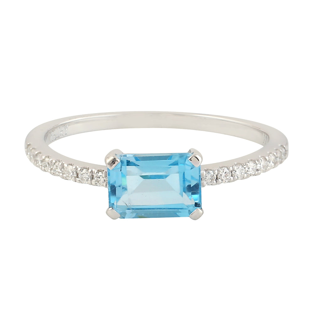 Baguette Cut Blue Topaz Gemstone Pave Diamond Accent Ring In White Gold