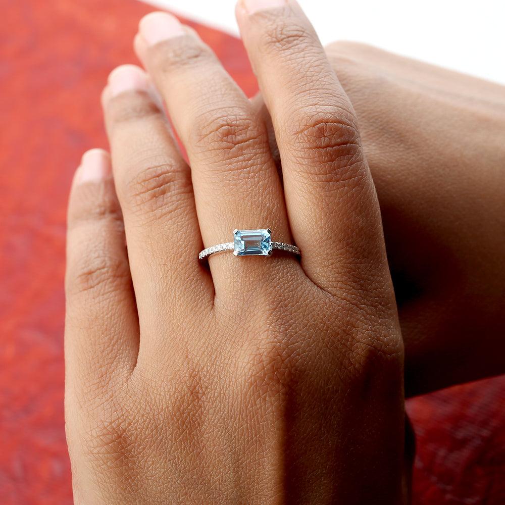 Baguette Cut Blue Topaz Gemstone Pave Diamond Accent Ring In White Gold