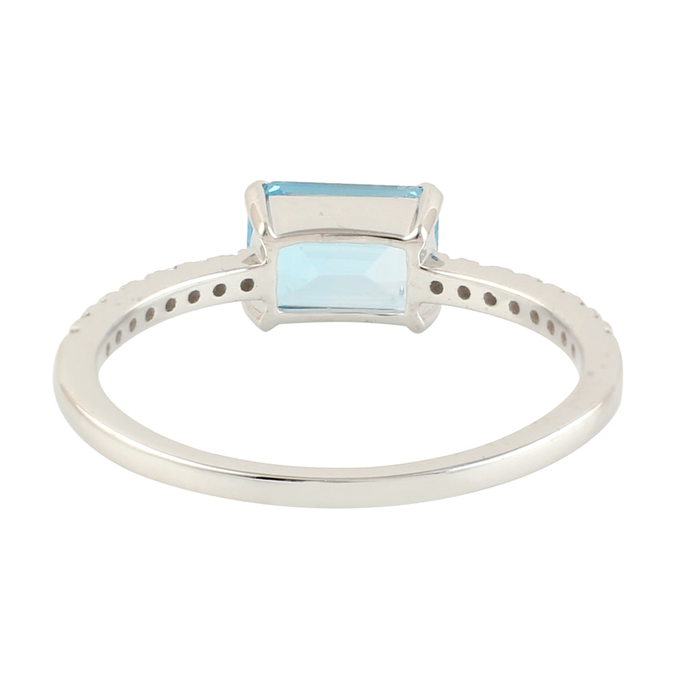 Baguette Cut Blue Topaz Gemstone Pave Diamond Accent Ring In White Gold