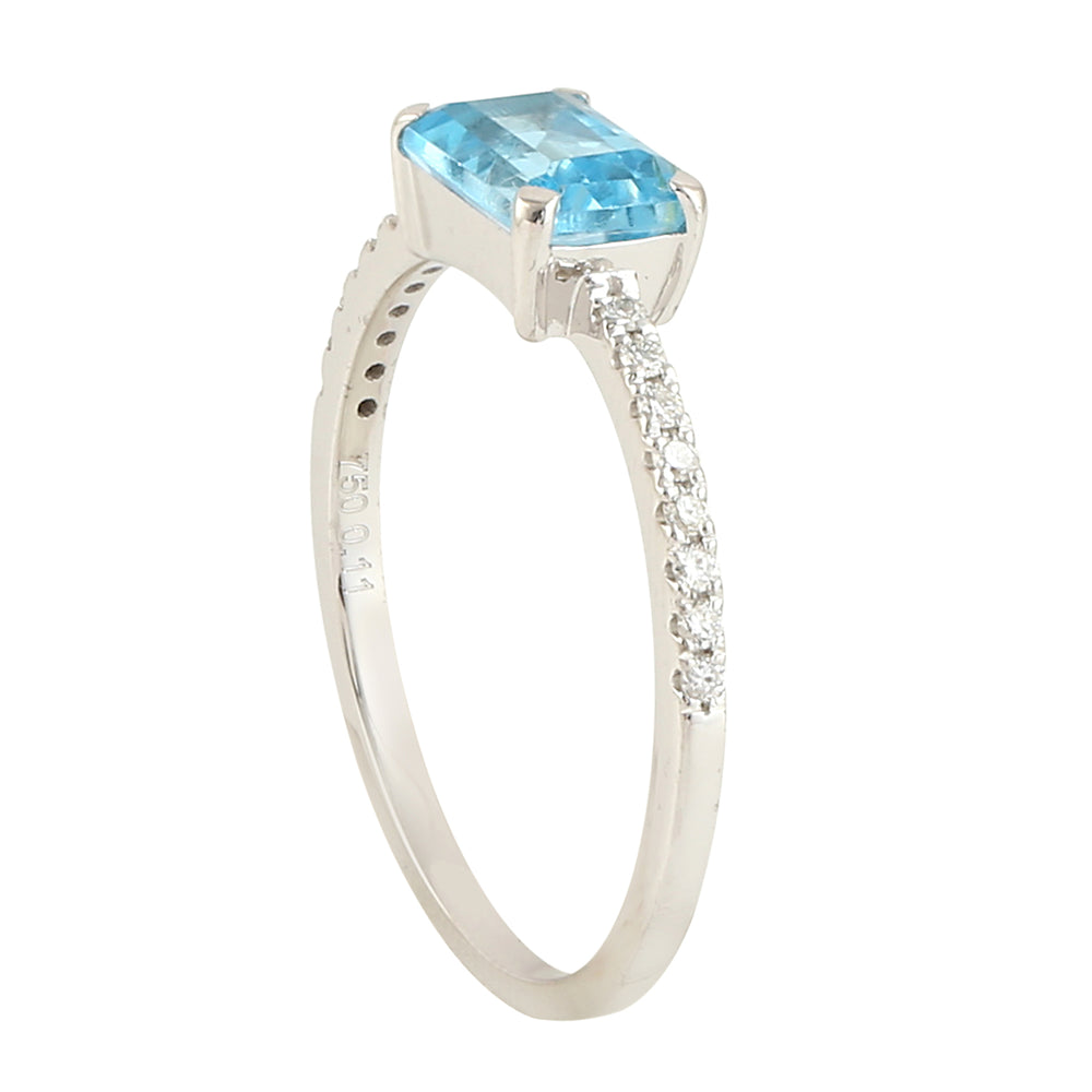 Baguette Cut Blue Topaz Gemstone Pave Diamond Accent Ring In White Gold