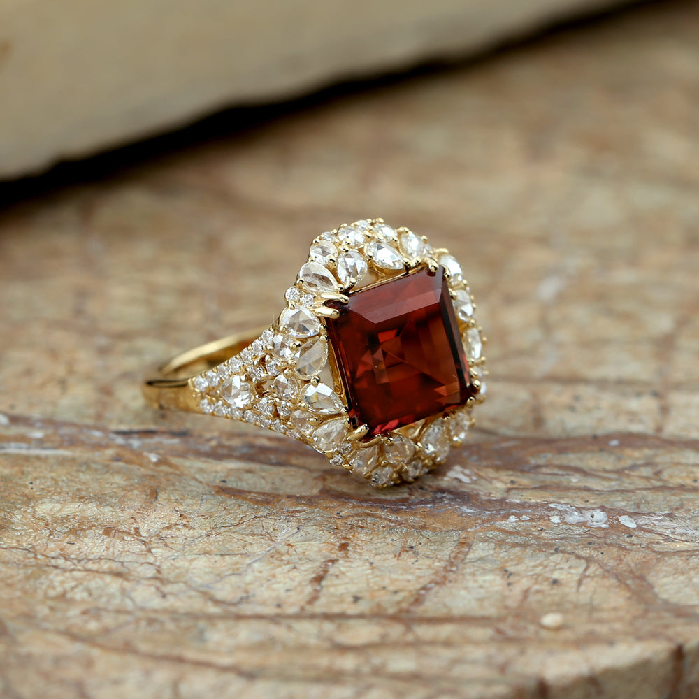 Pink Tourmaline Rose Cut Diamond Beautiful Cocktail Ring In 18k Yellow Gold