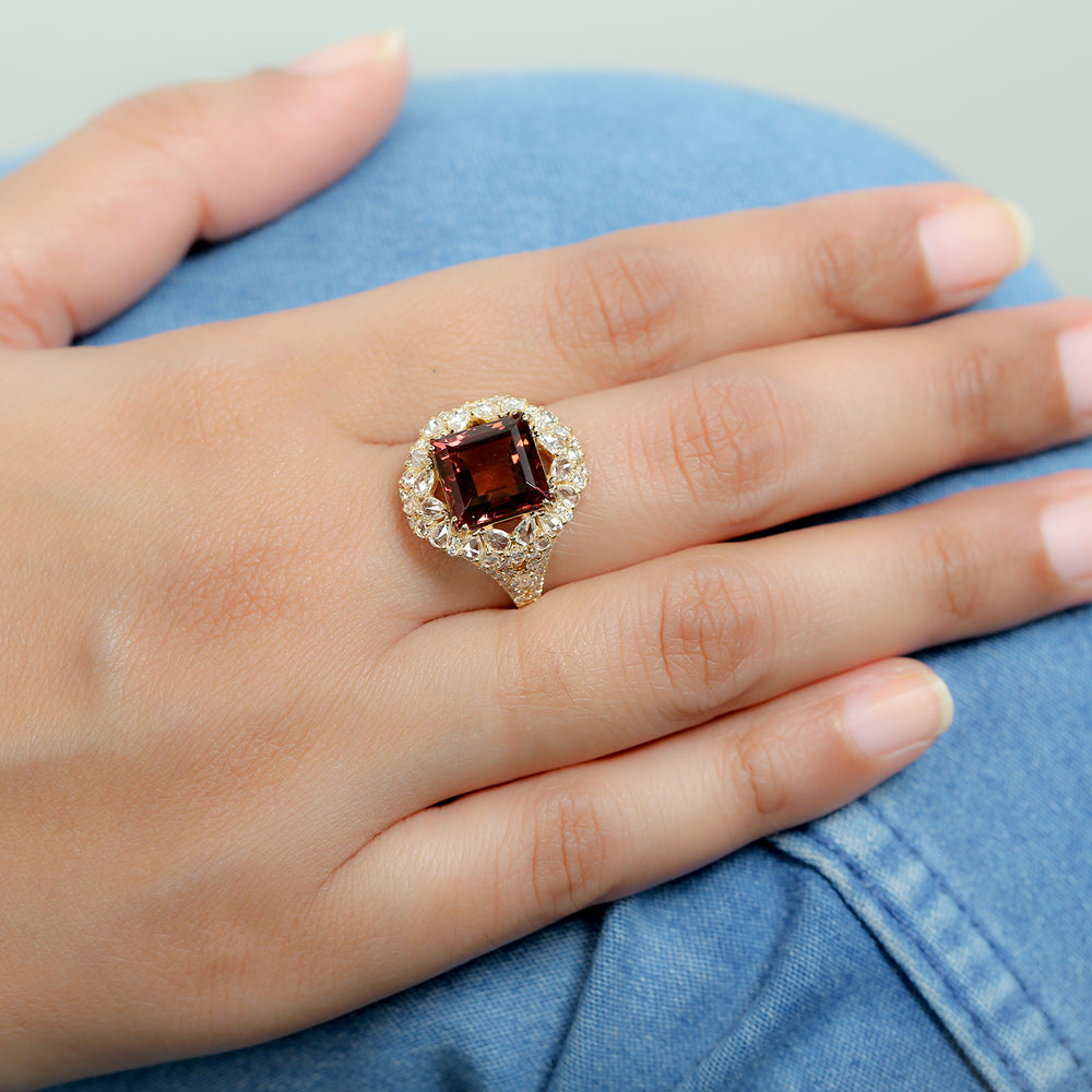 Pink Tourmaline Rose Cut Diamond Beautiful Cocktail Ring In 18k Yellow Gold