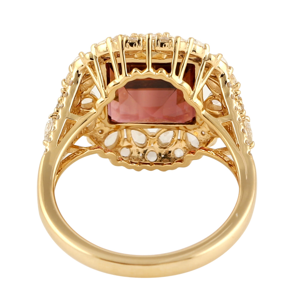 Pink Tourmaline Rose Cut Diamond Beautiful Cocktail Ring In 18k Yellow Gold