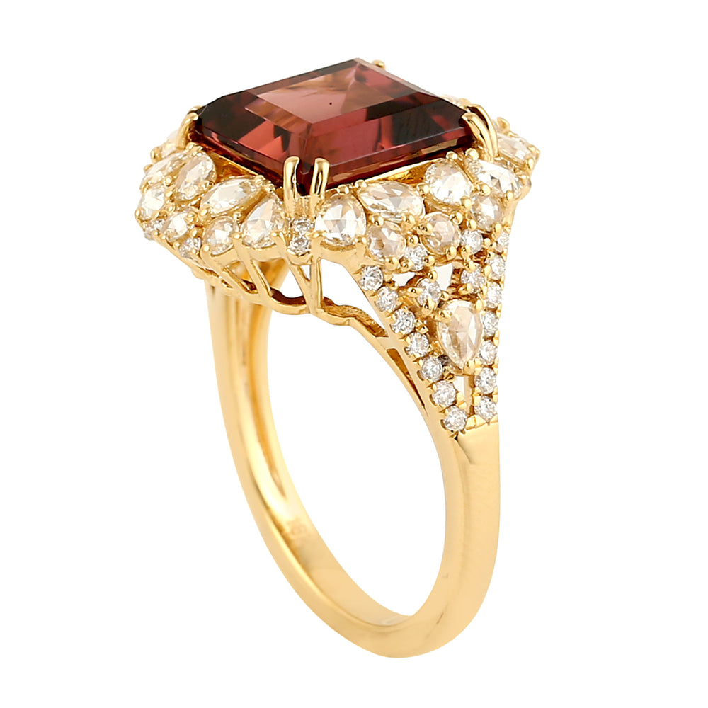 Pink Tourmaline Rose Cut Diamond Beautiful Cocktail Ring In 18k Yellow Gold