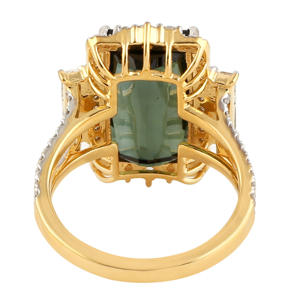 Baguette Cut Green Tourmaline Pave Diamond Cocktail Ring In 18k Yellow Gold