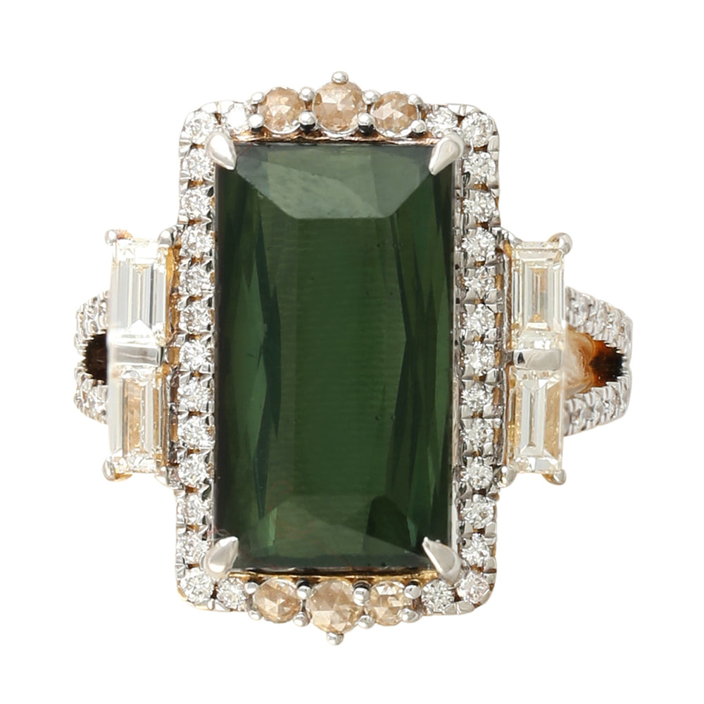 Baguette Cut Green Tourmaline Pave Diamond Cocktail Ring In 18k Yellow Gold