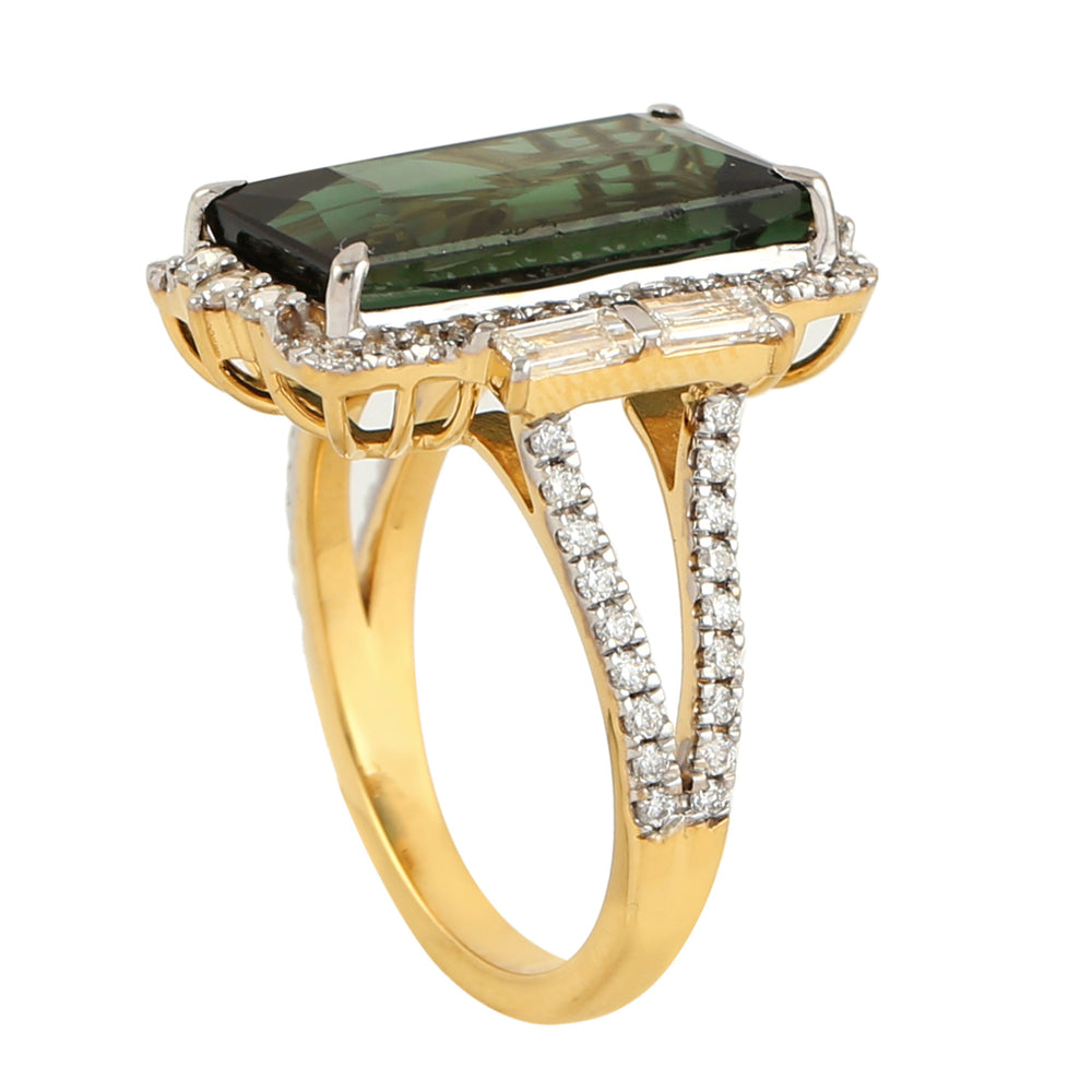 Baguette Cut Green Tourmaline Pave Diamond Cocktail Ring In 18k Yellow Gold