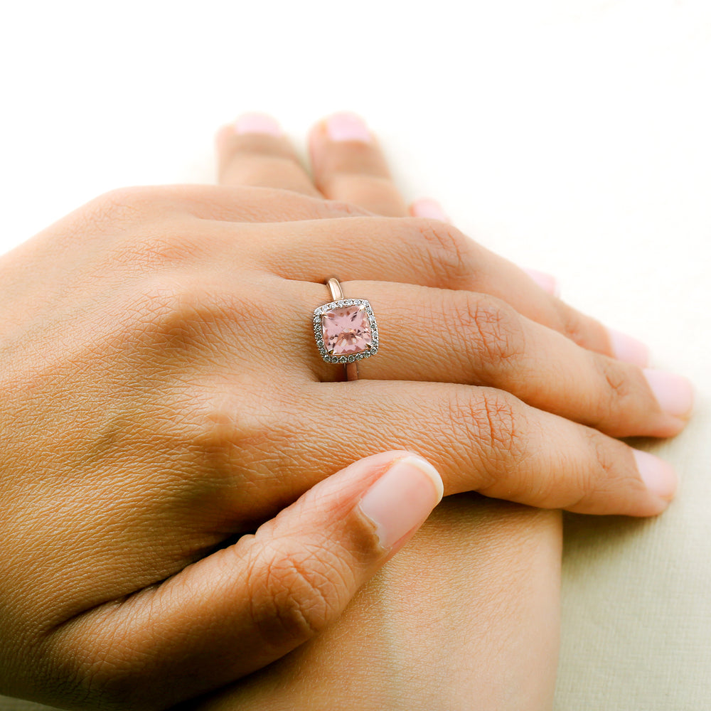 Square Morganite Gemstone Pave Diamond Solitaire Ring In 18k Rose Gold