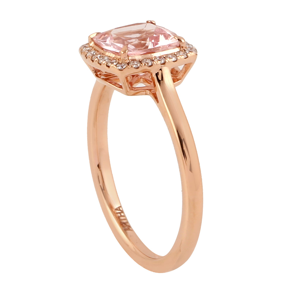 Square Morganite Gemstone Pave Diamond Solitaire Ring In 18k Rose Gold