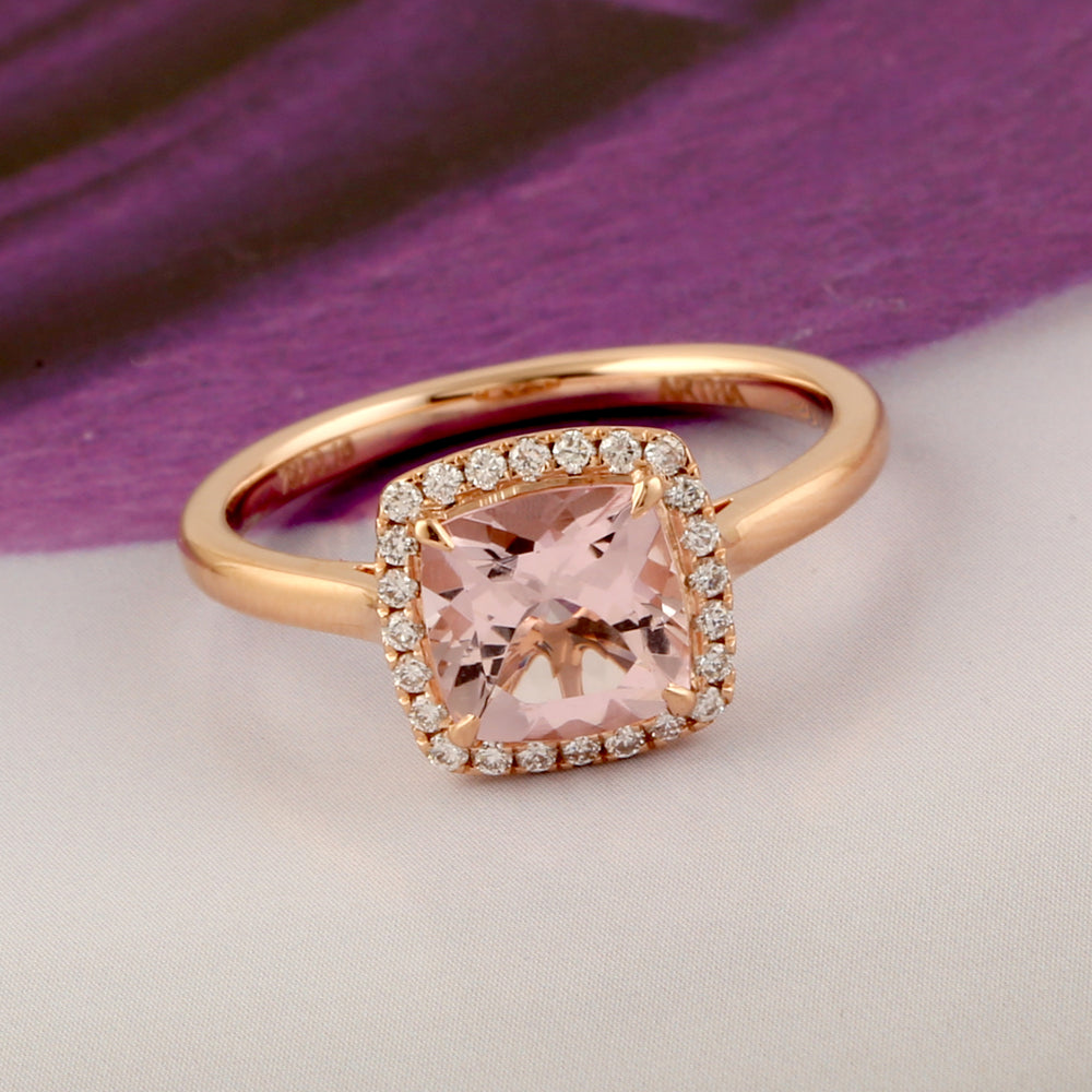 Square Morganite Gemstone Pave Diamond Solitaire Ring In 18k Rose Gold