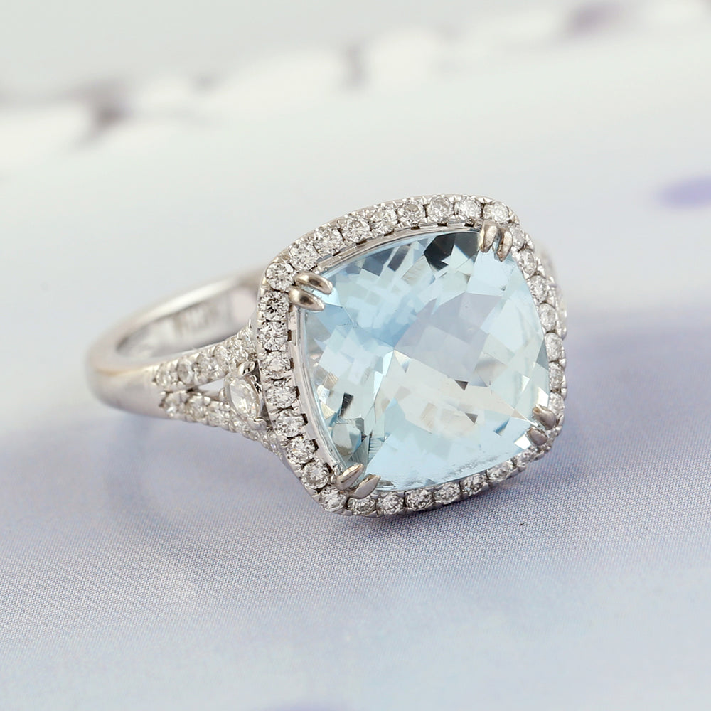 Cushion Cut Aquamarine Pave Diamond Solitaire Ring in 18k White Gold