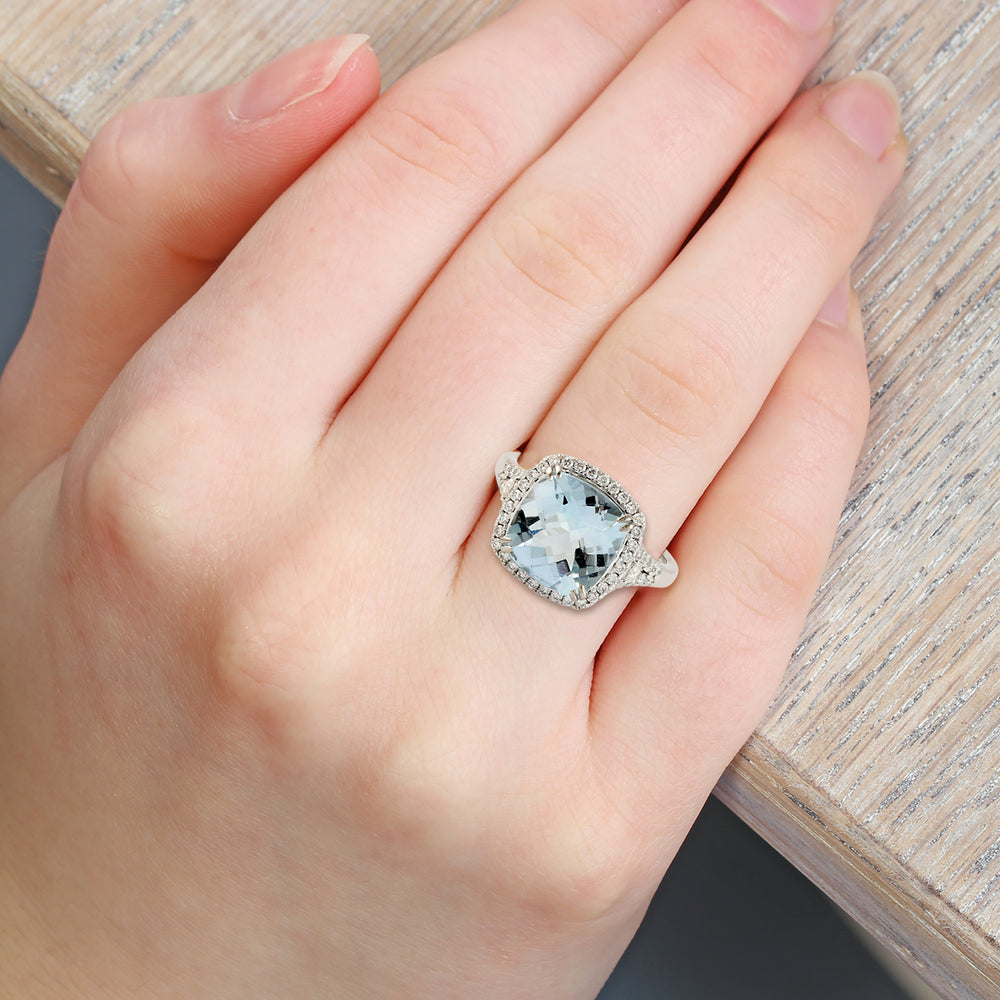 Cushion Cut Aquamarine Pave Diamond Solitaire Ring in 18k White Gold