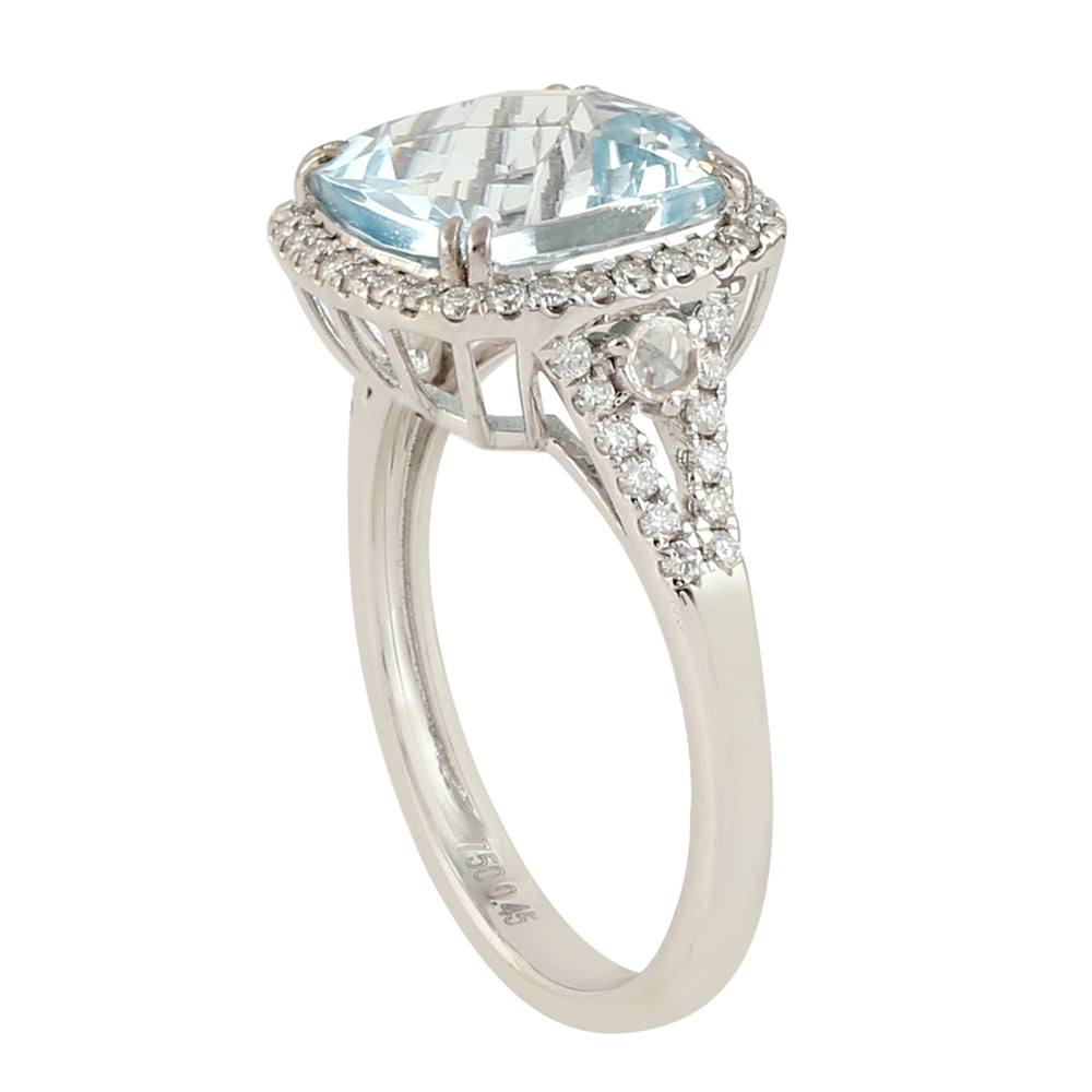 Cushion Cut Aquamarine Pave Diamond Solitaire Ring in 18k White Gold