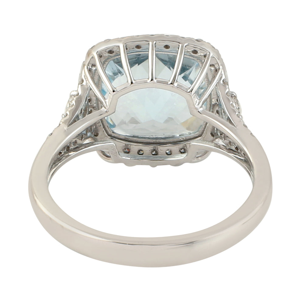 Cushion Cut Aquamarine Pave Diamond Solitaire Ring in 18k White Gold