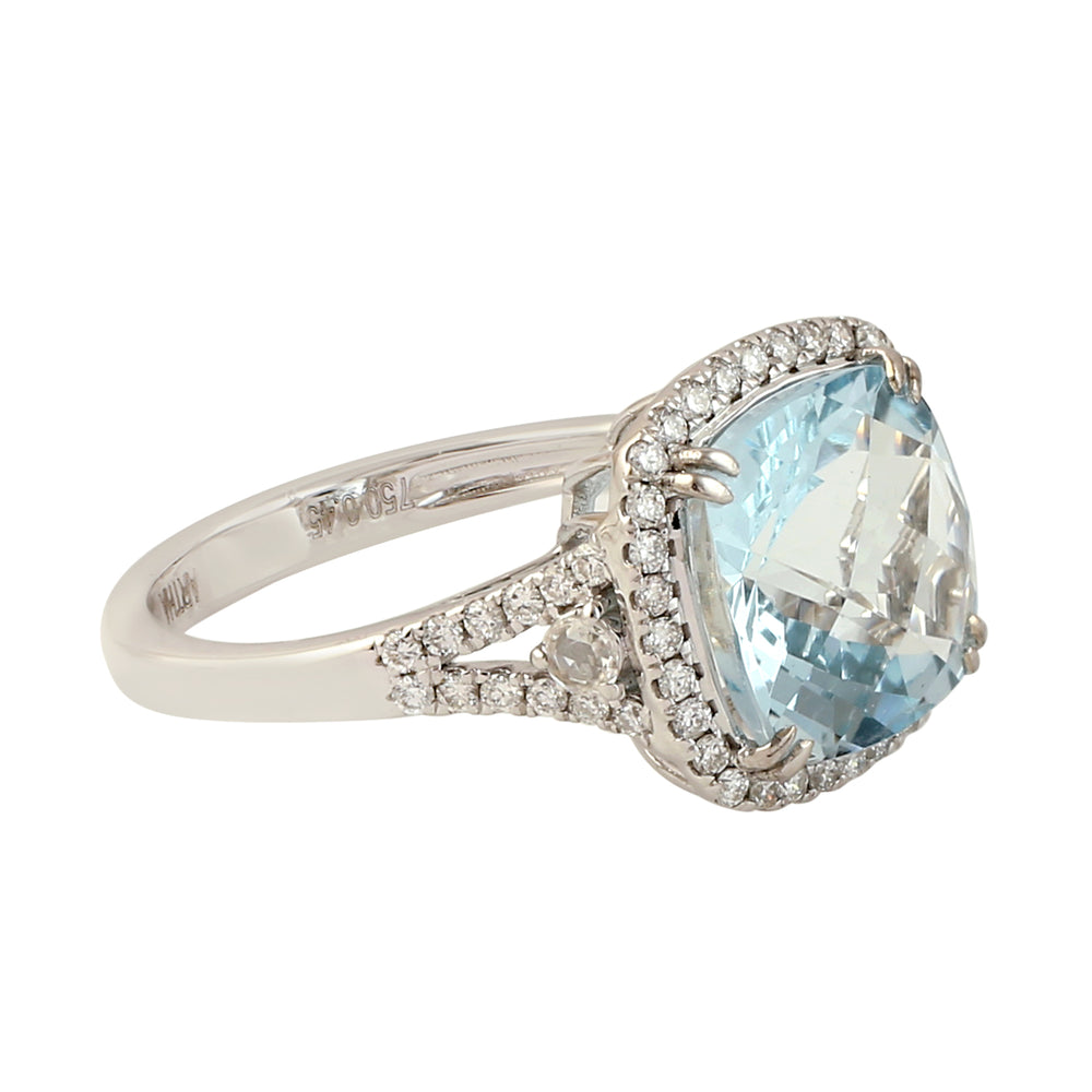 Cushion Cut Aquamarine Pave Diamond Solitaire Ring in 18k White Gold