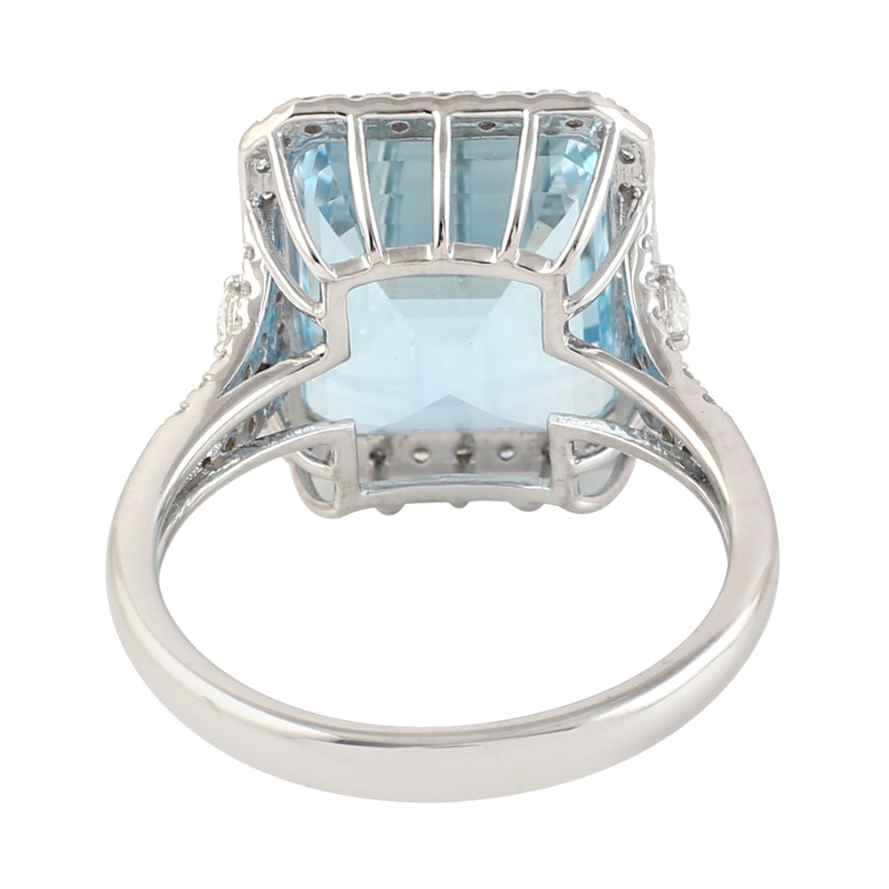 Emerald Cut Aquamarine Pave Diamond Solitaire Ring In 18k White Gold