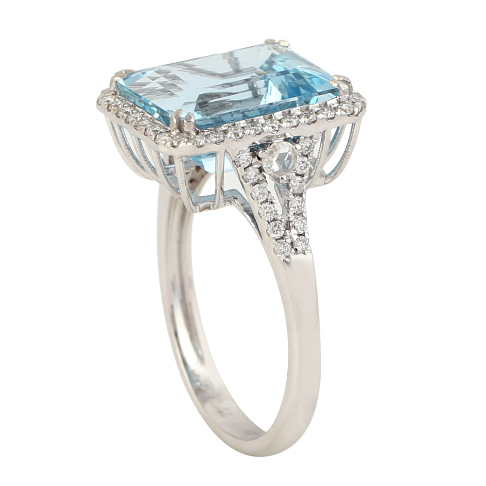 Emerald Cut Aquamarine Pave Diamond Solitaire Ring In 18k White Gold