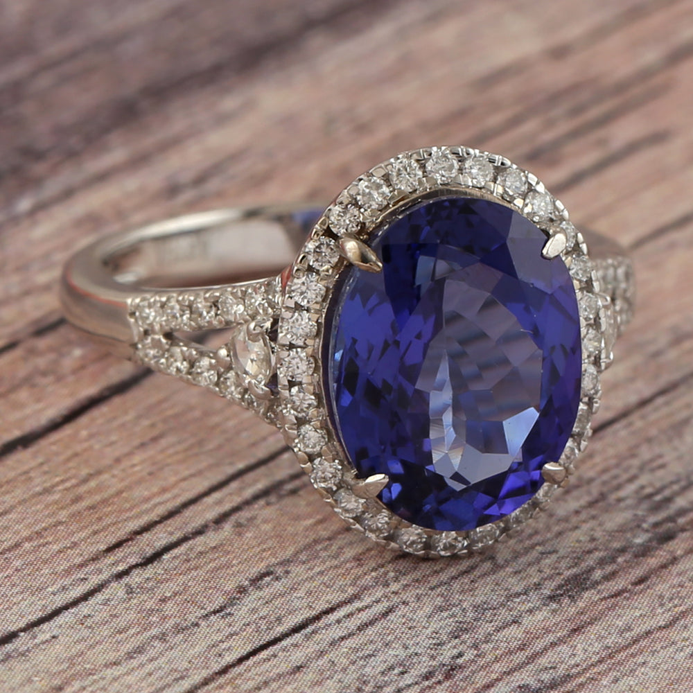 Oval Cut Tanzanite Pave Diamond Solitaire Ring In 18k White Gold