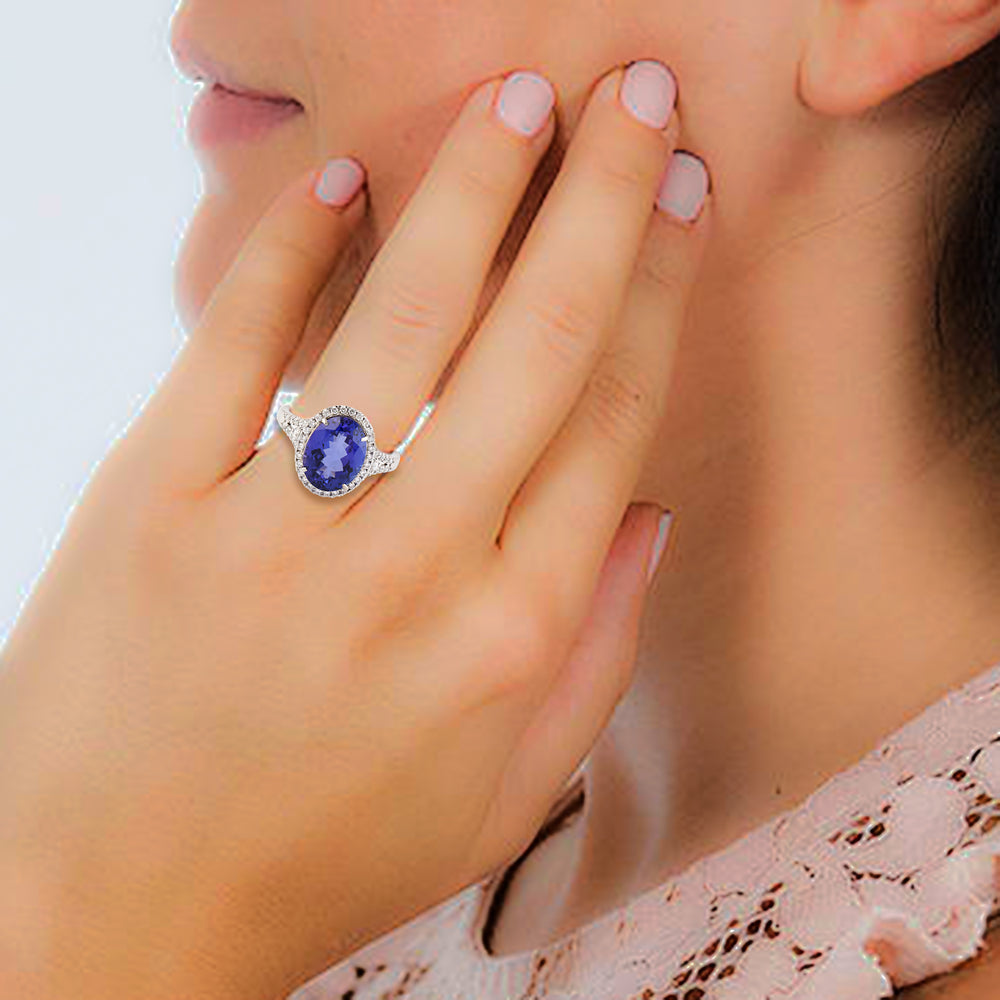 Oval Cut Tanzanite Pave Diamond Solitaire Ring In 18k White Gold