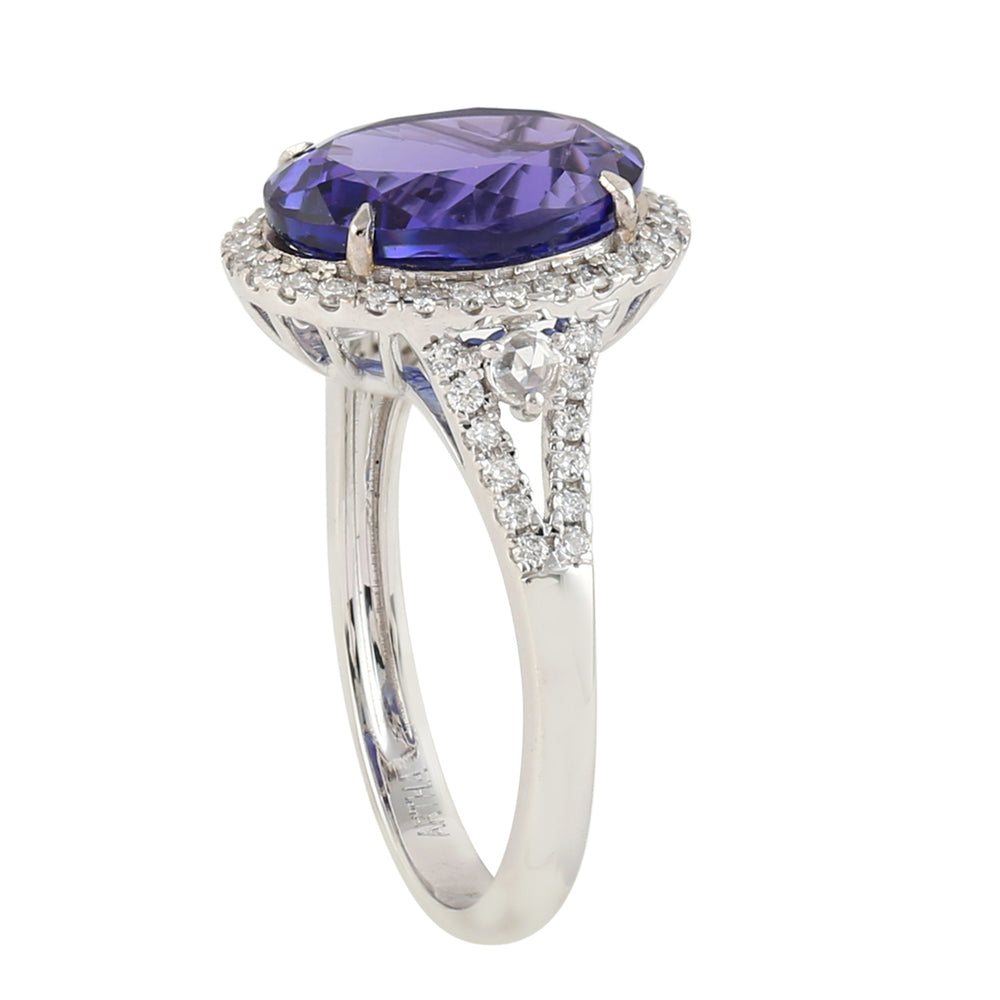 Oval Cut Tanzanite Pave Diamond Solitaire Ring In 18k White Gold
