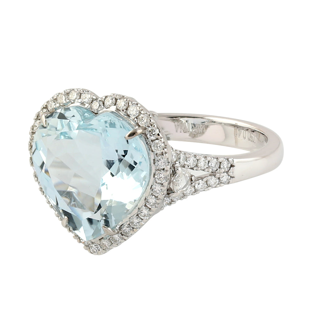 Beautiful Aquamarine Diamond Accent Heart Shape Ring Jewelry In 18k White Gold