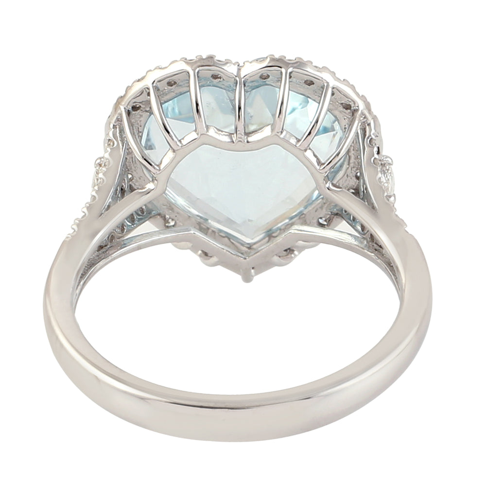 Aquamarine Pave Diamond Accent Heart Solitaire Ring In 18K White Gold