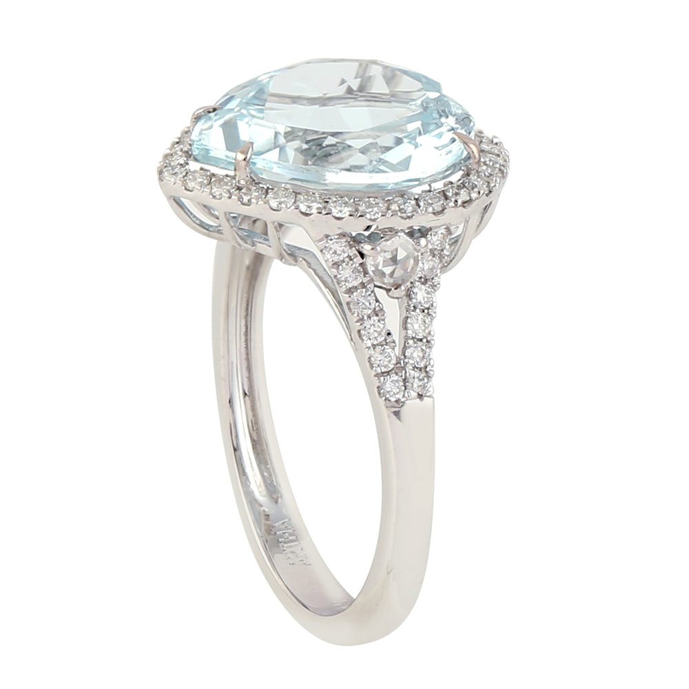 Aquamarine Pave Diamond Accent Heart Solitaire Ring In 18K White Gold
