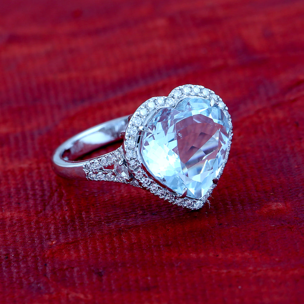 Aquamarine Pave Diamond Accent Heart Solitaire Ring In 18K White Gold