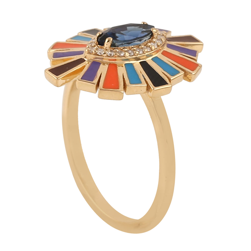 Blue Sapphire Pave Diamond Enamel Evil Eye Cocktail Ring in 18k Yellow gold