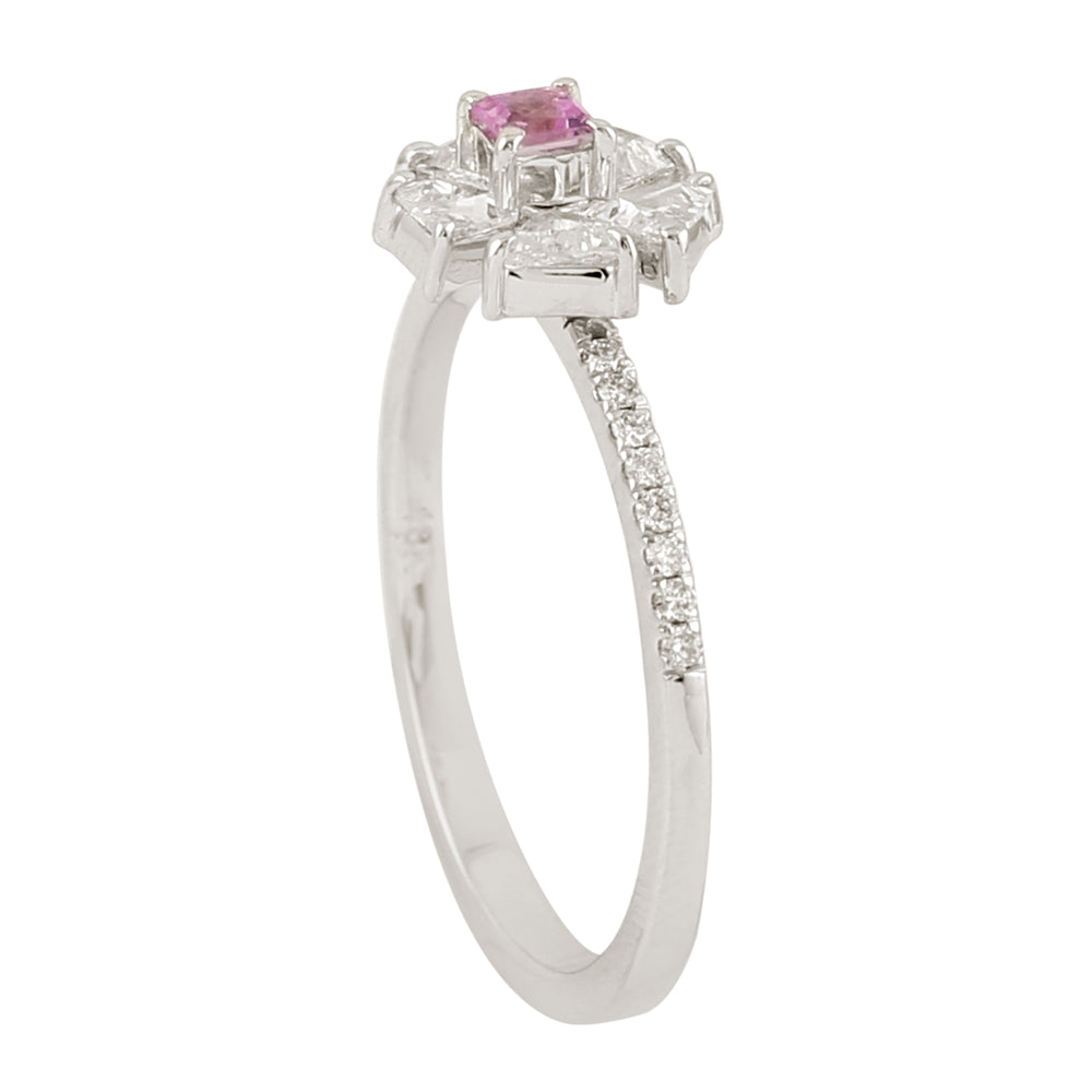 Pink Sapphire Tapered Baguette Diamond Floral Ring In 18k White Gold