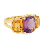 Cushion Cut Amethyst Prong Citrine Handmade Three Stone Ring In 18k Yellow Gold Gift