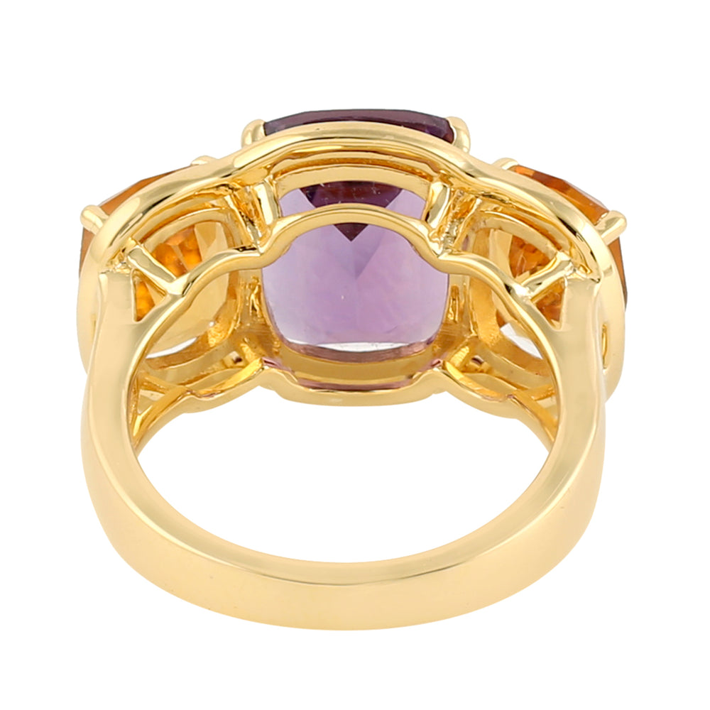 Cushion Cut Amethyst Prong Citrine Handmade Three Stone Ring In 18k Yellow Gold Gift